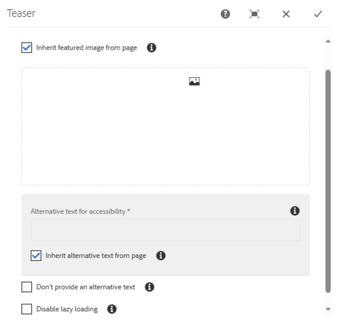 Unausgefüllter Einstellungstab für Assets der Teaser Stage mit Bildpicker, angehakten Boxen Bild von Zielseite vererben und Vererbung des Alternativtextes