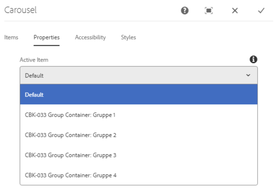 Dropdown Menü des Feldes Active Item zur Auswahl des Karussel-Start-Slides mit hervorgehobenener Voreinstellung auf Default