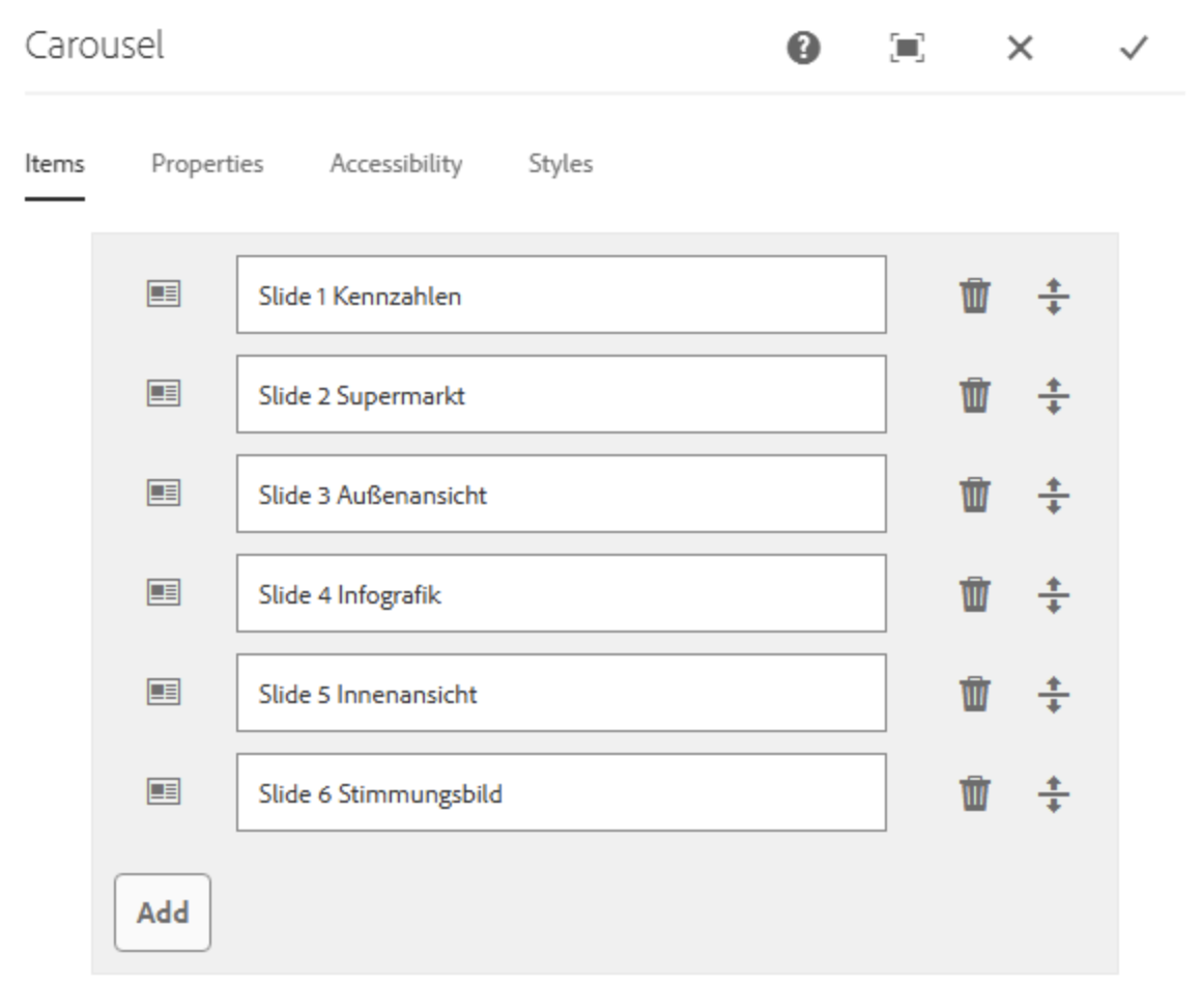 Carousel-Komponente auf Tab Items zeigt 6 separat ausgefüllte Felder für das Element Gruppen-Container mit individuellen und kurzen Überschriften