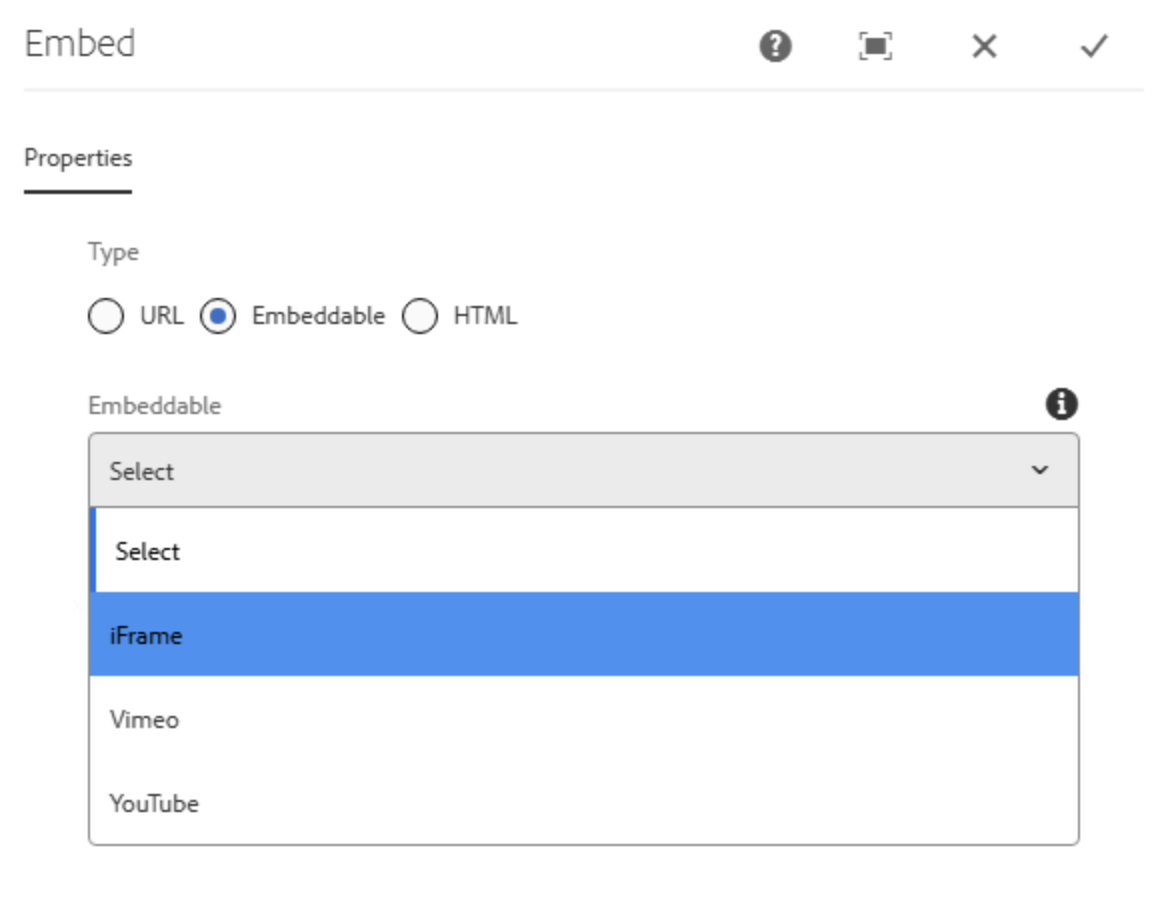 Ein Screenshot eines Konfigurationsfensters für "Embed", das die Auswahl von "Embeddable" als Typ und ein geöffnetes Dropdown-Menü zeigt, in dem "iFrame" blau hervorgehoben ist.