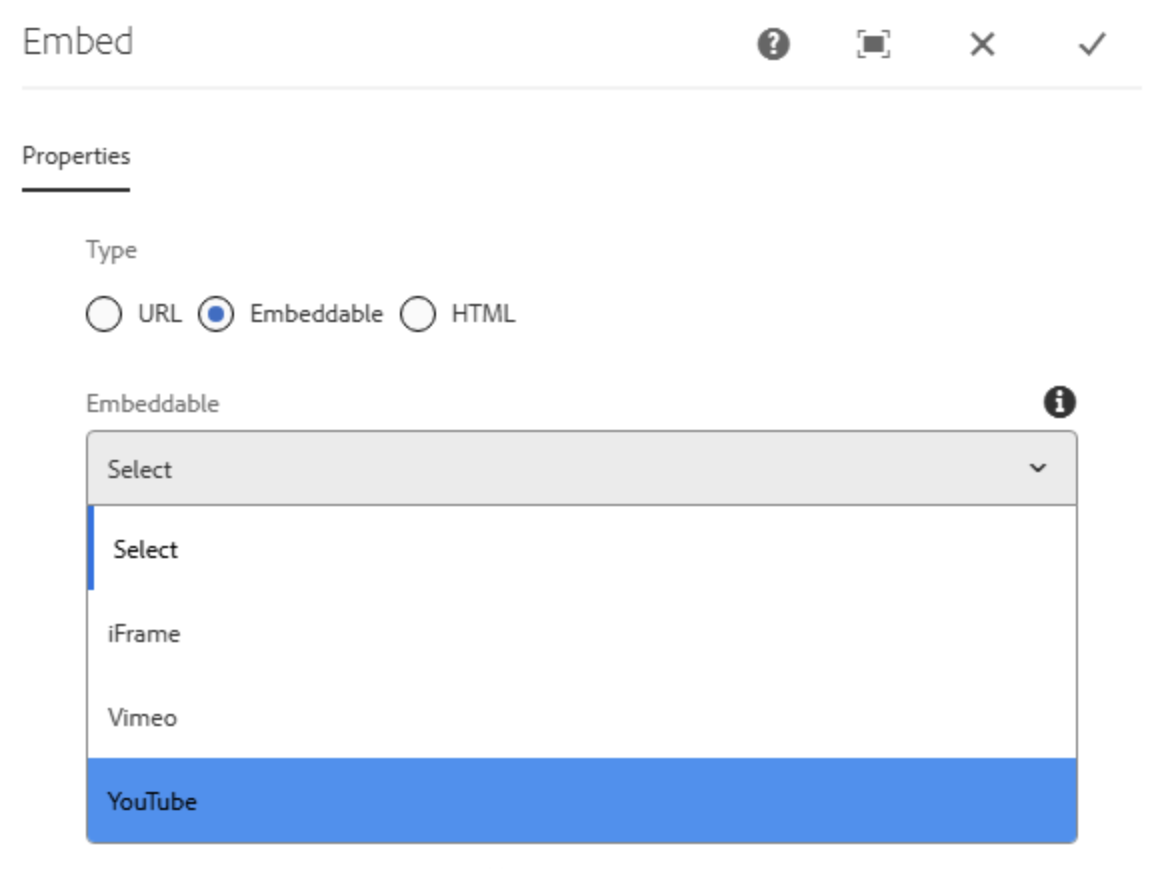 Ein Screenshot eines Konfigurationsfensters für "Embed", das die Auswahl von "Embeddable" als Typ und ein geöffnetes Dropdown-Menü zeigt, in dem "YouTube" blau hervorgehoben ist.