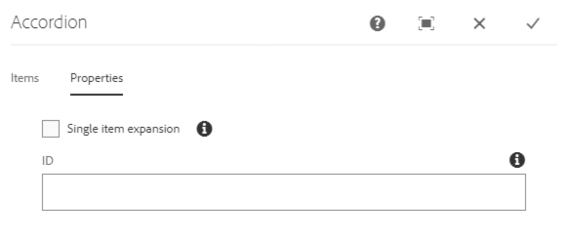 Properties-Tab unausgefüllt in einer Akkordeon-Komponente