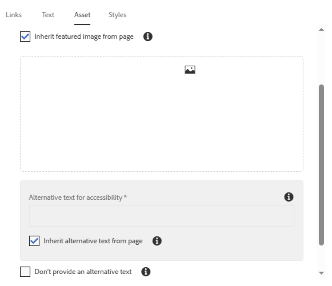 Teaser-Reiterkarte für die Einstellung "Asset" zeigt zwei Auswahlfelder mit Kontrollkästchen: Das erste ist mit "Inherit featured image from page" beschriftet und aktiviert, das zweite mit "Inherit alternative text from page" ebenfalls aktiviert.
