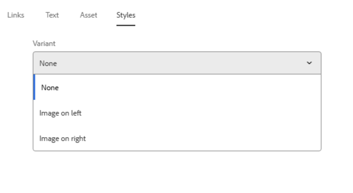 Teaser-Reiterkarte für die Einstellung "Styles" zeigt ein geöffnetes Dropdown-Menü mit der Bezeichnung "Variant", aus dem sich drei Optionen auswählen lassen: None, Image on left, Image on right.