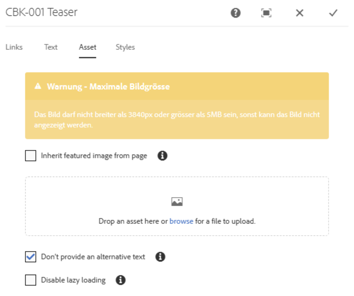 Einstellungsbeispiel für Teaser ohne Bilder der Teaser-Komponente im Tab Asset mit angehakter Checkbox 'Don't provide an alternative text' 