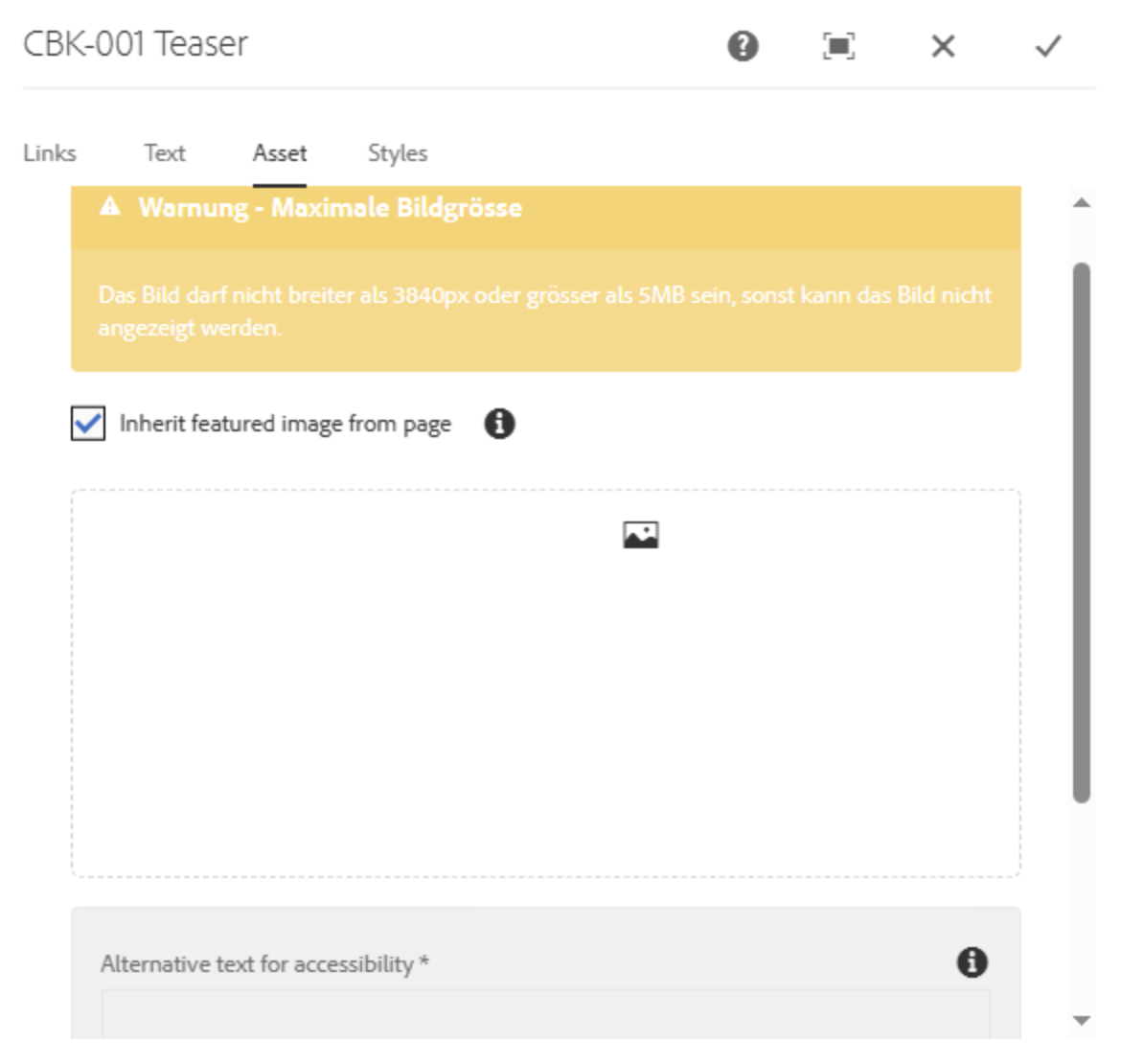 Ansicht Asset Tab mit Warnfeld zur maximalen Bildgröße und angehakter Box "Inherit featured image from page" sowie Auswahlfeld für Bilder