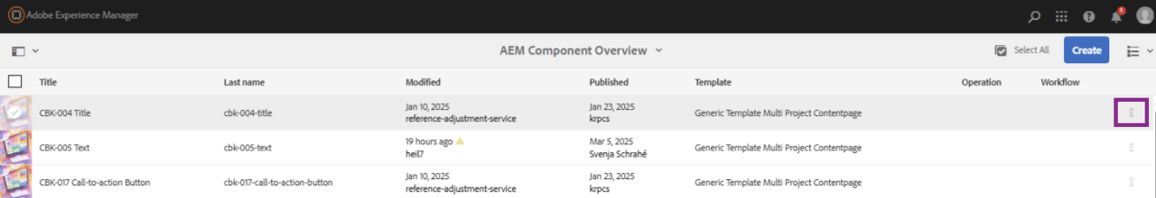 AEM Backend List View mit hervorgehobenem Icon (drei Punkte) zum Verschieben der Seite auf der rechten Seite