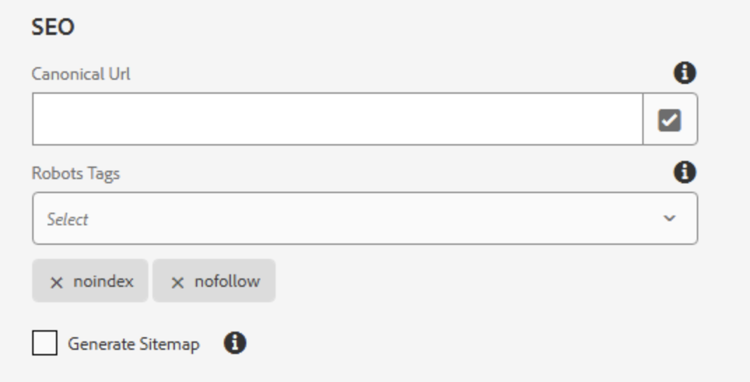 Ausschnitt mit SEO der Seiteneigenschaftetn mit vergebenen Robots Tags 'noindex' und 'nofollow'