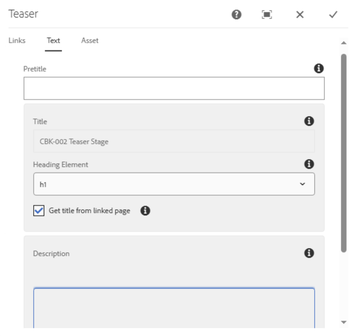 Einstellungstab für Textinhalte der Teaser Stage unausgefüllt mit Feldern Pretitle, Title, Heading Element, Description