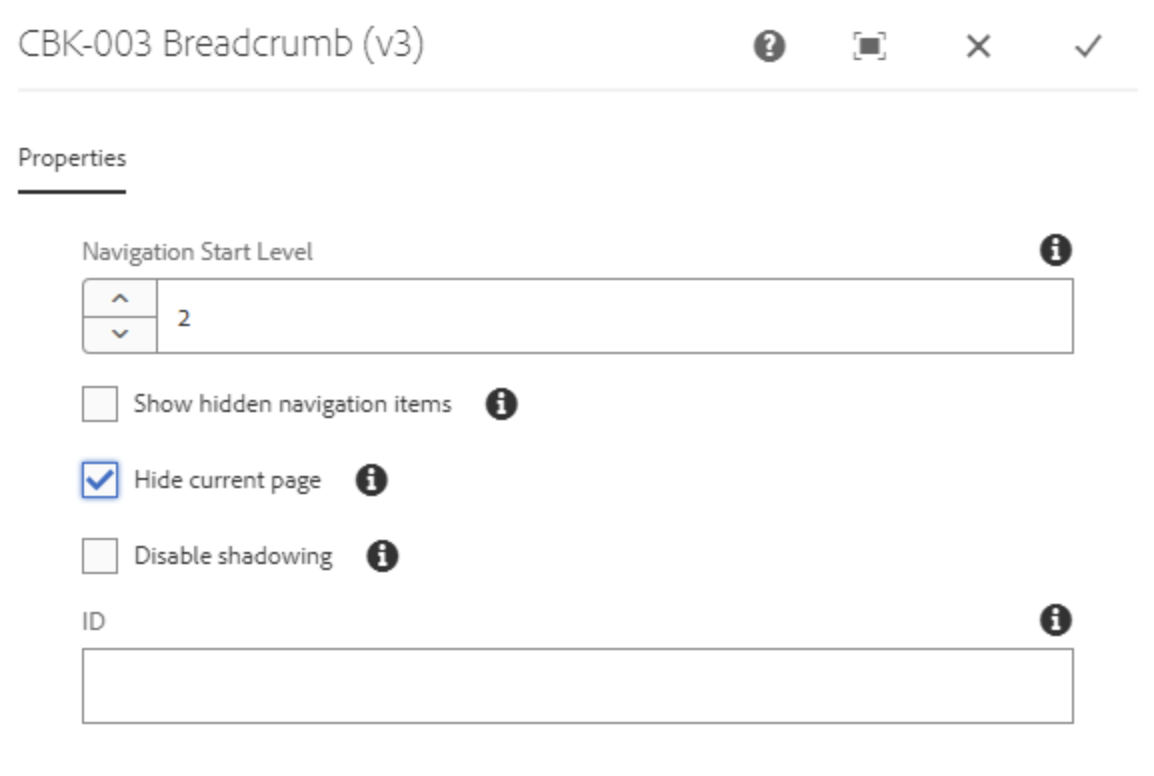 Breadcrumb-Komponente mit aktiver Einstellung "Hide current page"