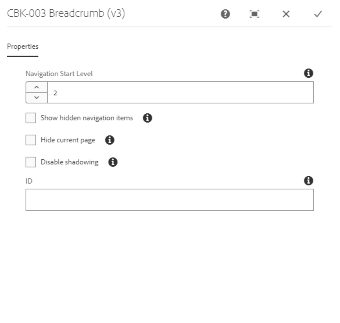 Screenshot der Breadcrumb-Komponente mit angezeigtem Properties-Tab