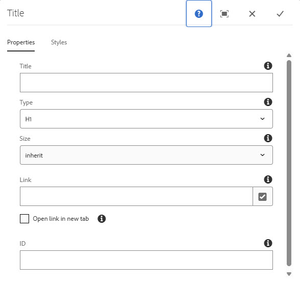 Screenshot der Einstellungen für die Title-Komponente mit dem offenen Tab Properties