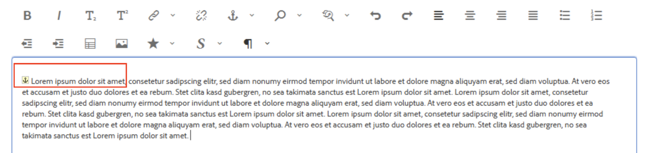 Text-Komponente mit Platzhaltertext und gesetztem Anchor-Symbol zu Beginn des Textes