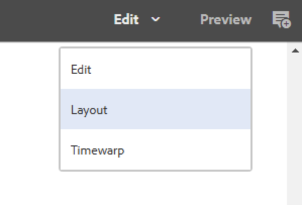 Auswahl der Bearbeitungsmodi in AEM mit hervorgehobenem Layout-Modus
