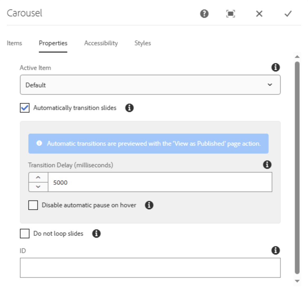 Angehakte Checkbox für automatisieren Wechsel zwischen den Karussell-Slides mit darunterliegendem Feld zur Einstellung der Zeit in Millisekunden und Einstellung zur Pausierung des Slides bei Hover
