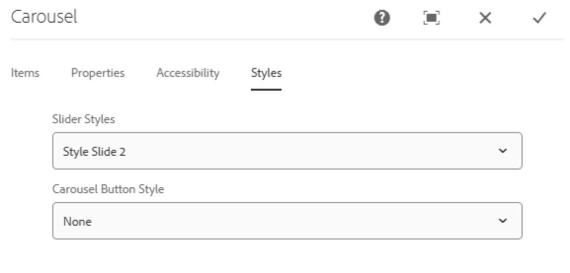 Carousel-Komponente mit eingestelltem Style Slide 2 im Tab Styles