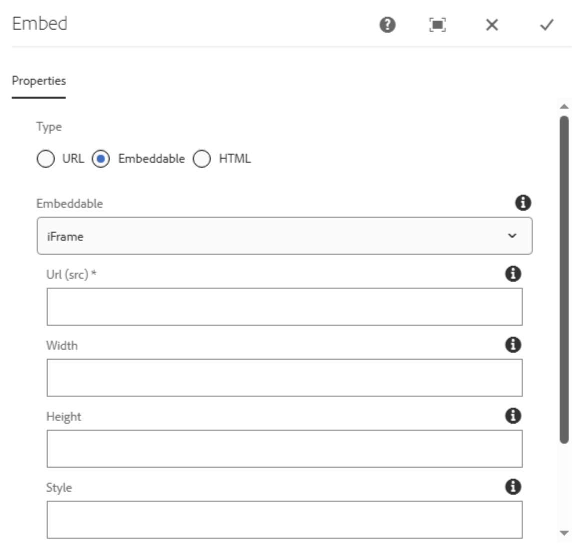 Screenshot eines "Embed"-Einstellungsfensters für iFrames, das Eingabefelder für die URL (src), Breite, Höhe und Stil zeigt. Eine Scrollleiste deutet auf weitere Optionen hin.