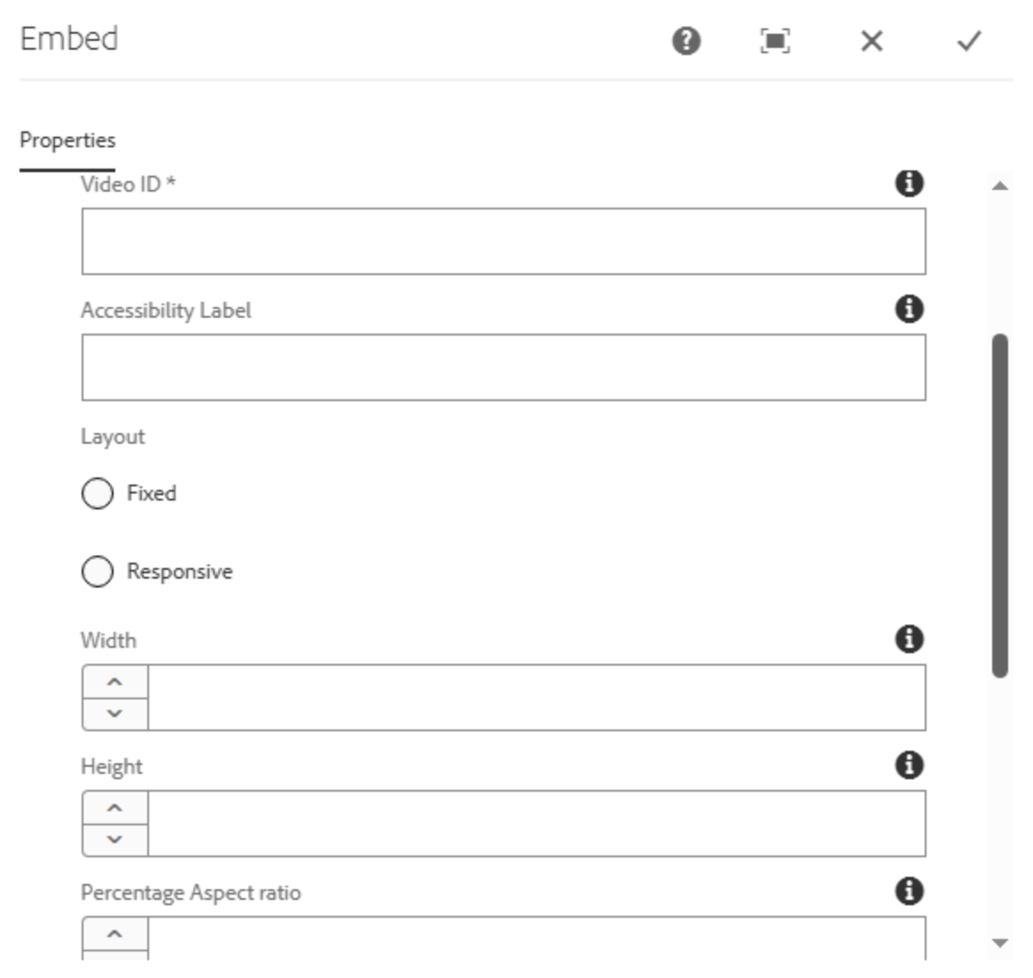 Screenshot eines "Embed"-Einstellungsfensters für YouTube-Videos, das Felder für Video-ID, Zugänglichkeitsbezeichnung, Layout-Optionen, Breite, Höhe und prozentuales Seitenverhältnis anzeigt. Eine Scrollleiste deutet auf weitere Einstellungen hin.
