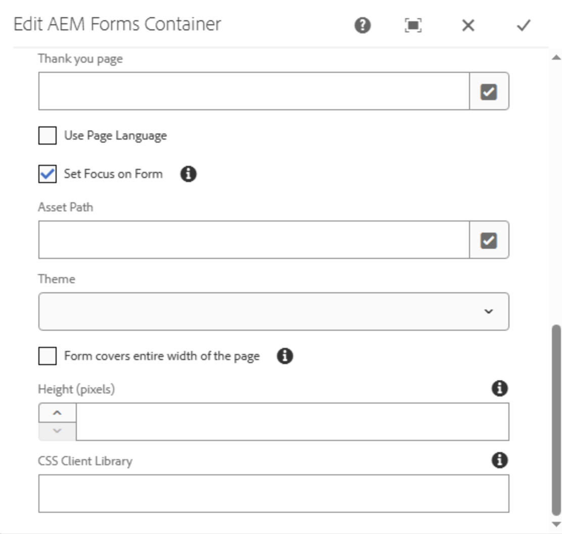 Benutzeroberfläche zur Bearbeitung eines AEM-Formularcontainers mit Auswahlfeldern für Asset-Typ, Eingabefeld für Asset-Pfad, Optionen für Post-Submission-Verhalten und Textfeld für Dankesnachricht