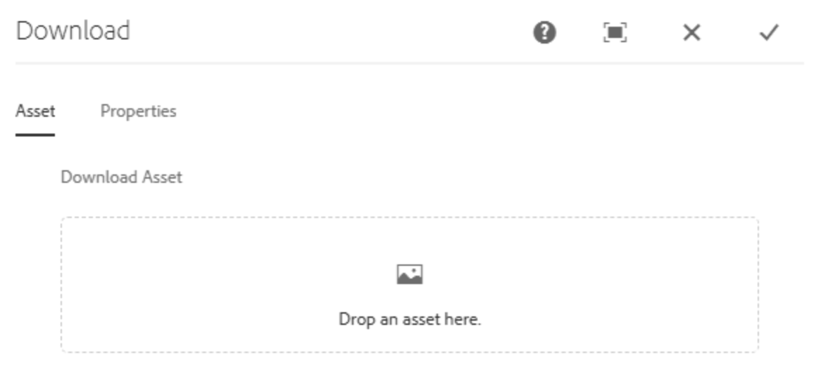 Ein Screenshot eines "Download"-Fensters, das den Tab "Asset" mit einem leeren Feld anzeigt, das von einer gestrichelten Linie umgeben ist und den Text "Drop an asset here" enthält.