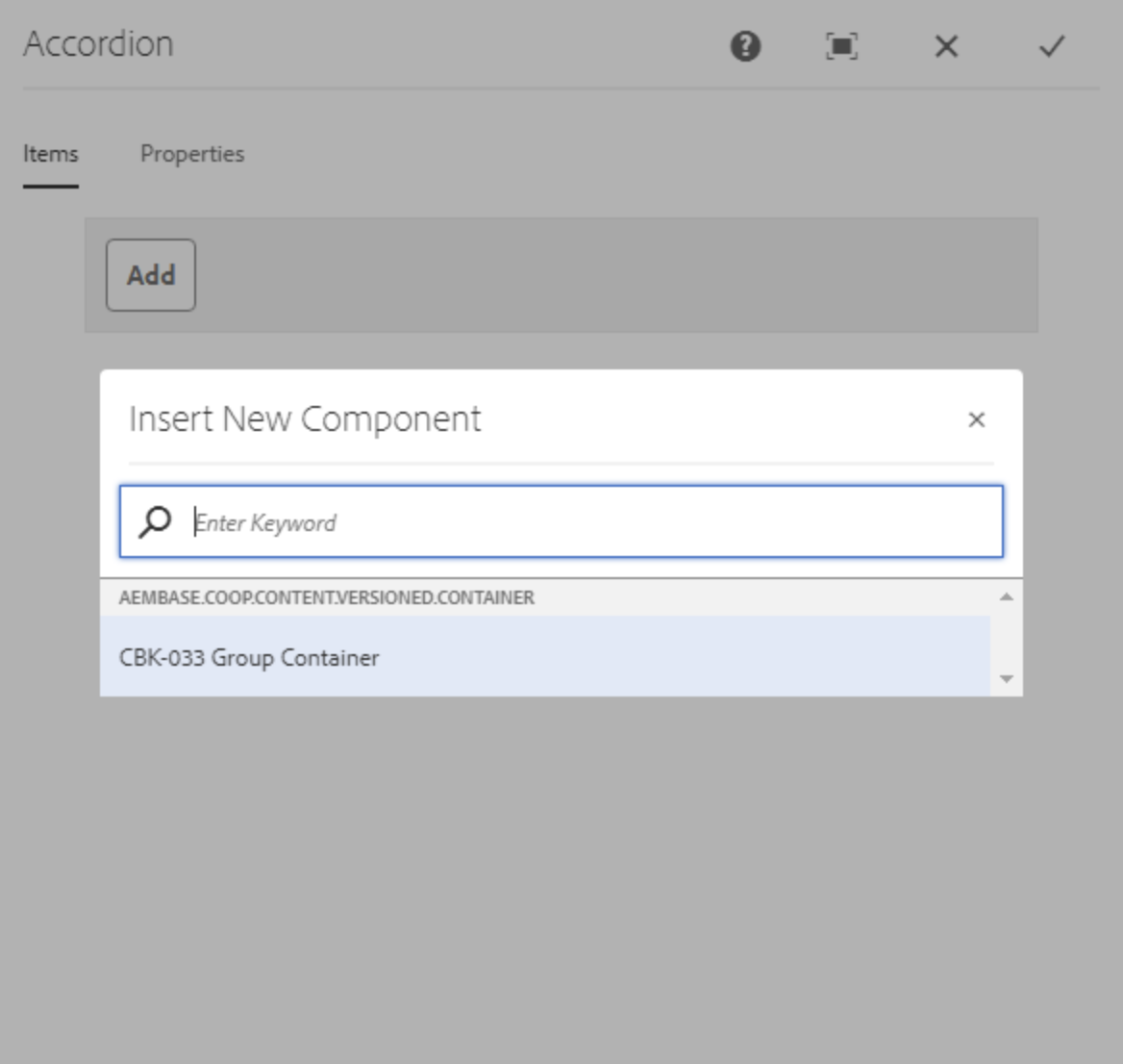 Items-Tab beim Hinzufügen eines neuen Group Containers für das Akkordeonmodul