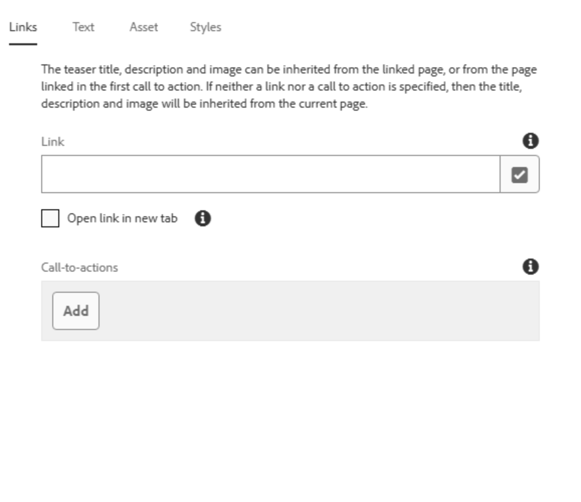 Teaser-Reiterkarte für die Einstellung "Links" mit Eingabefeld für Link, Option "Open link in new tab" und Abschnitt "Call-to-actions" mit Schaltfläche "Add"