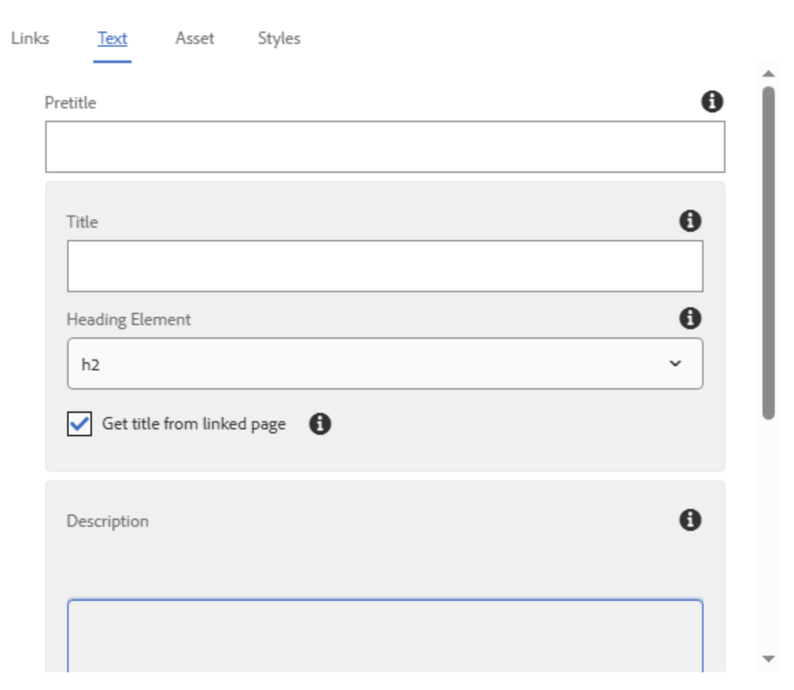 Teaser-Reiterkarte für die Einstellung "Text" mit Eingabefeldern "Pretitle", darunter "Title", Dropdown-Menü für "Heading-Element", eine graue Schaltfläche mit dem Titel "Description" für Beschreibungen