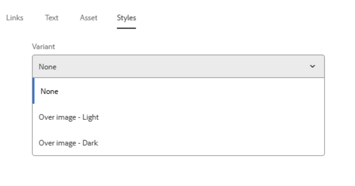 Teaser Overlay mit geöffnetem Einstellungsreiter "Styles - Variant"