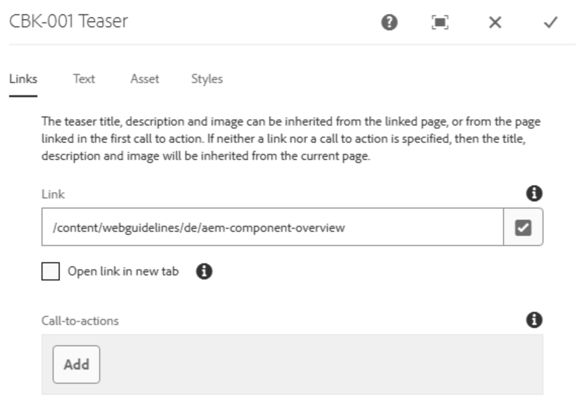 Dialogfeld Links der Teaser-Komponente mit ausgefülltem Link-Pfad
